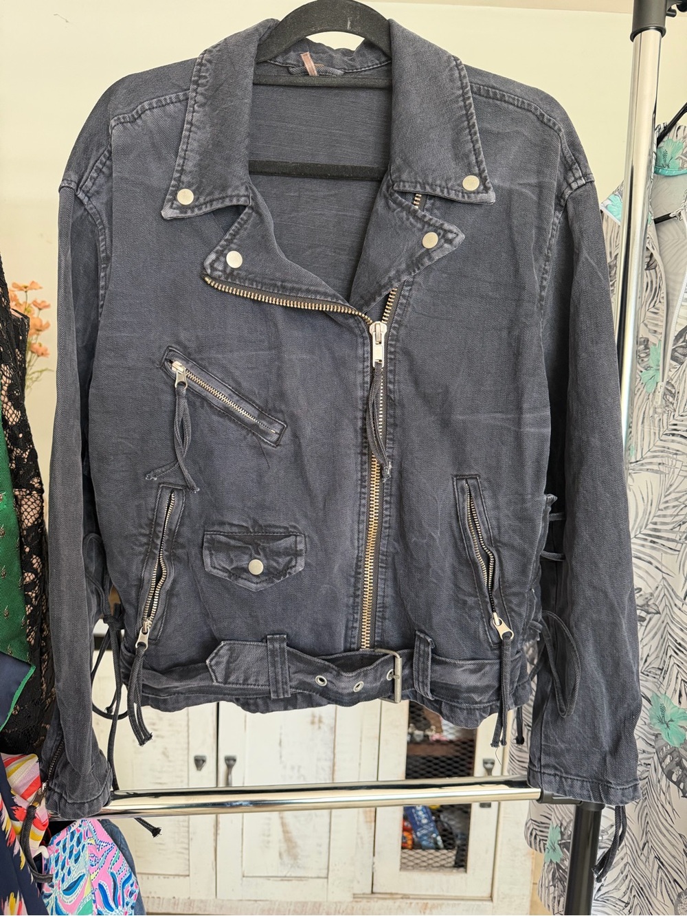 Free People Womens Washed Black Biker Jacket XS
